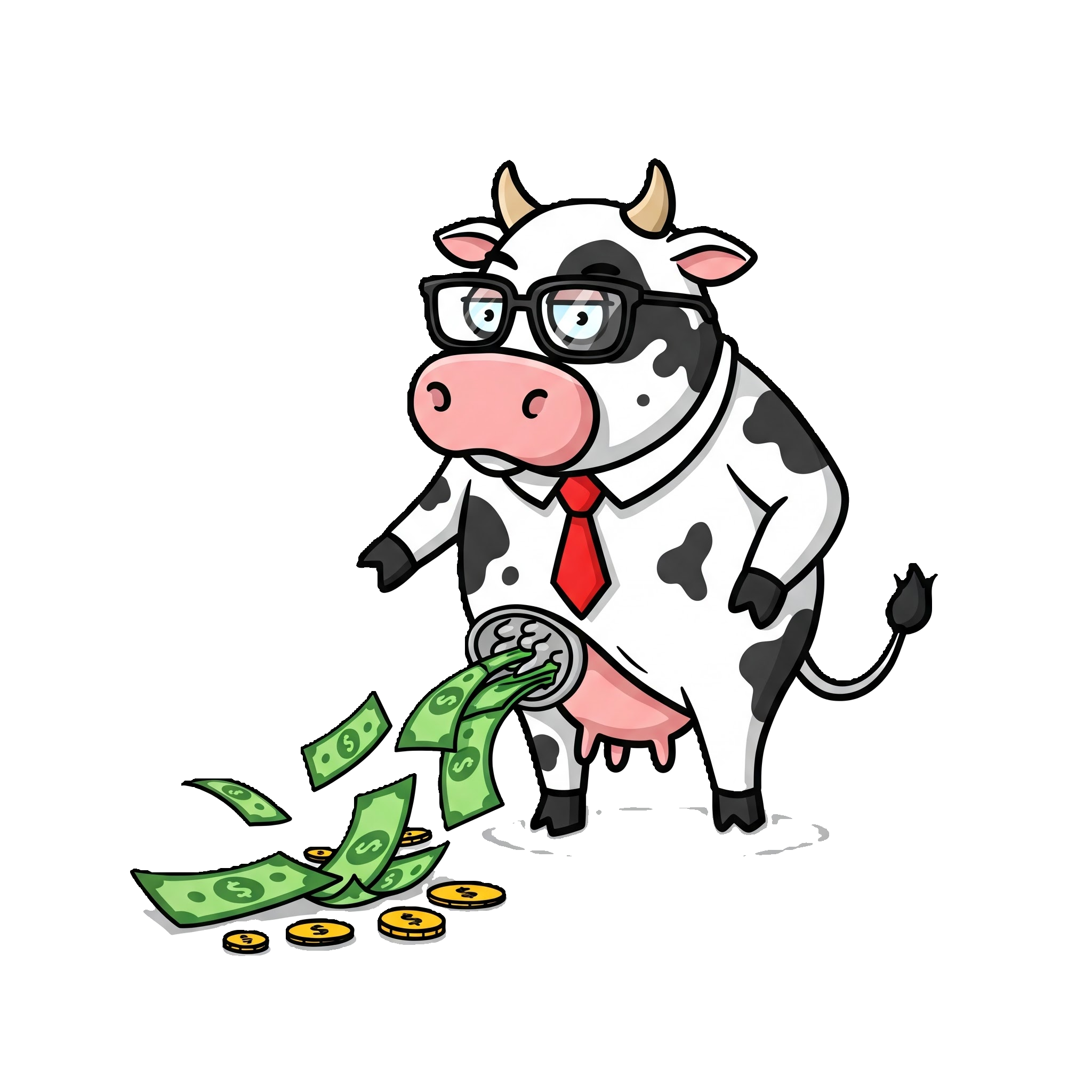 Kreslená kráva s brýlemi a kravatou dojí peníze